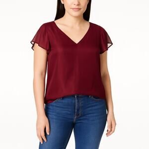 Michael Kors Women’s Ruby Red Sheer Flutter Sleeve Lined Blouse Top XXS NWT